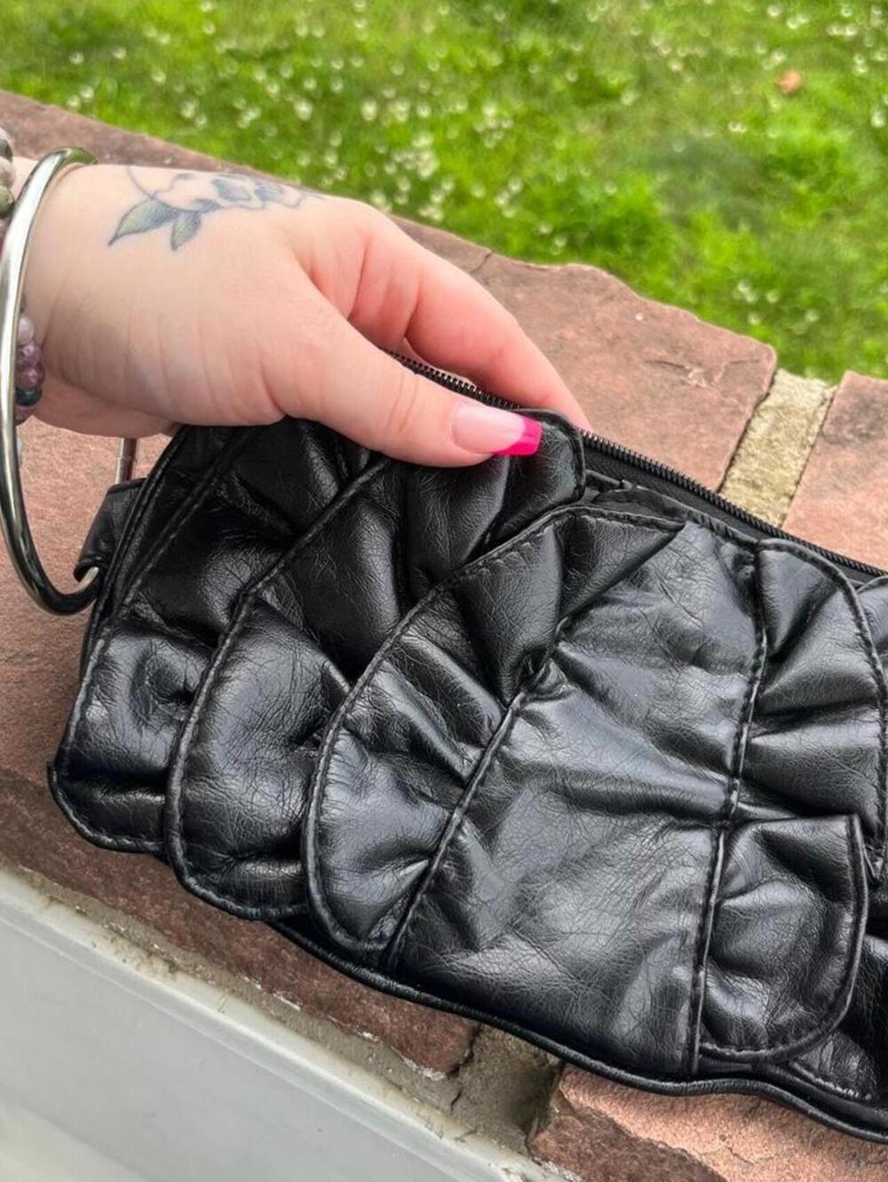 Y2K Black Ruffle Ring Handle Clutch Purse | Faux Leather Evening Bag